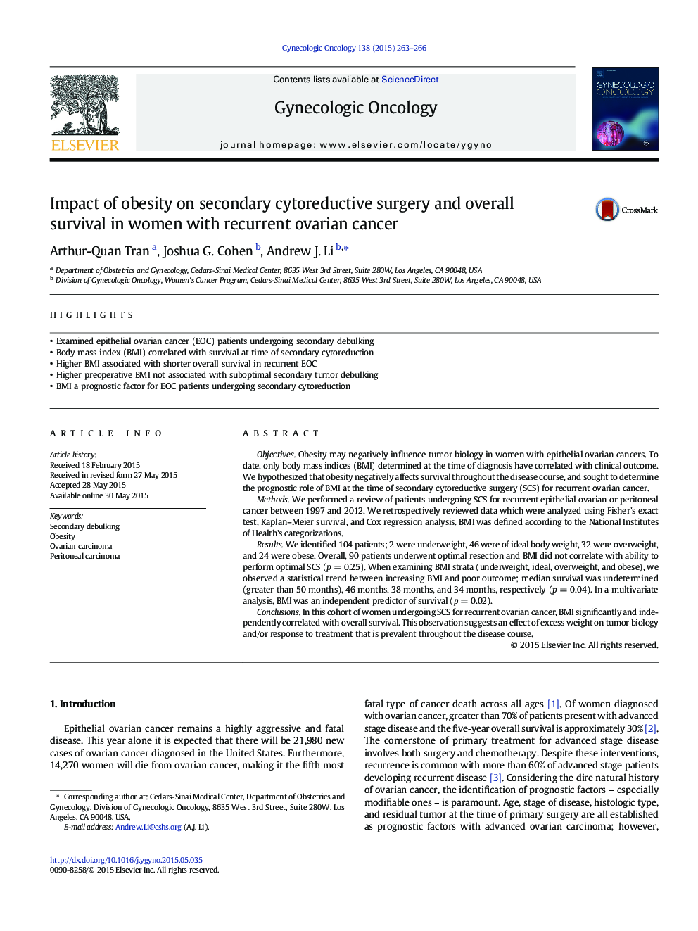 Impact of obesity on secondary cytoreductive surgery and overall survival in women with recurrent ovarian cancer