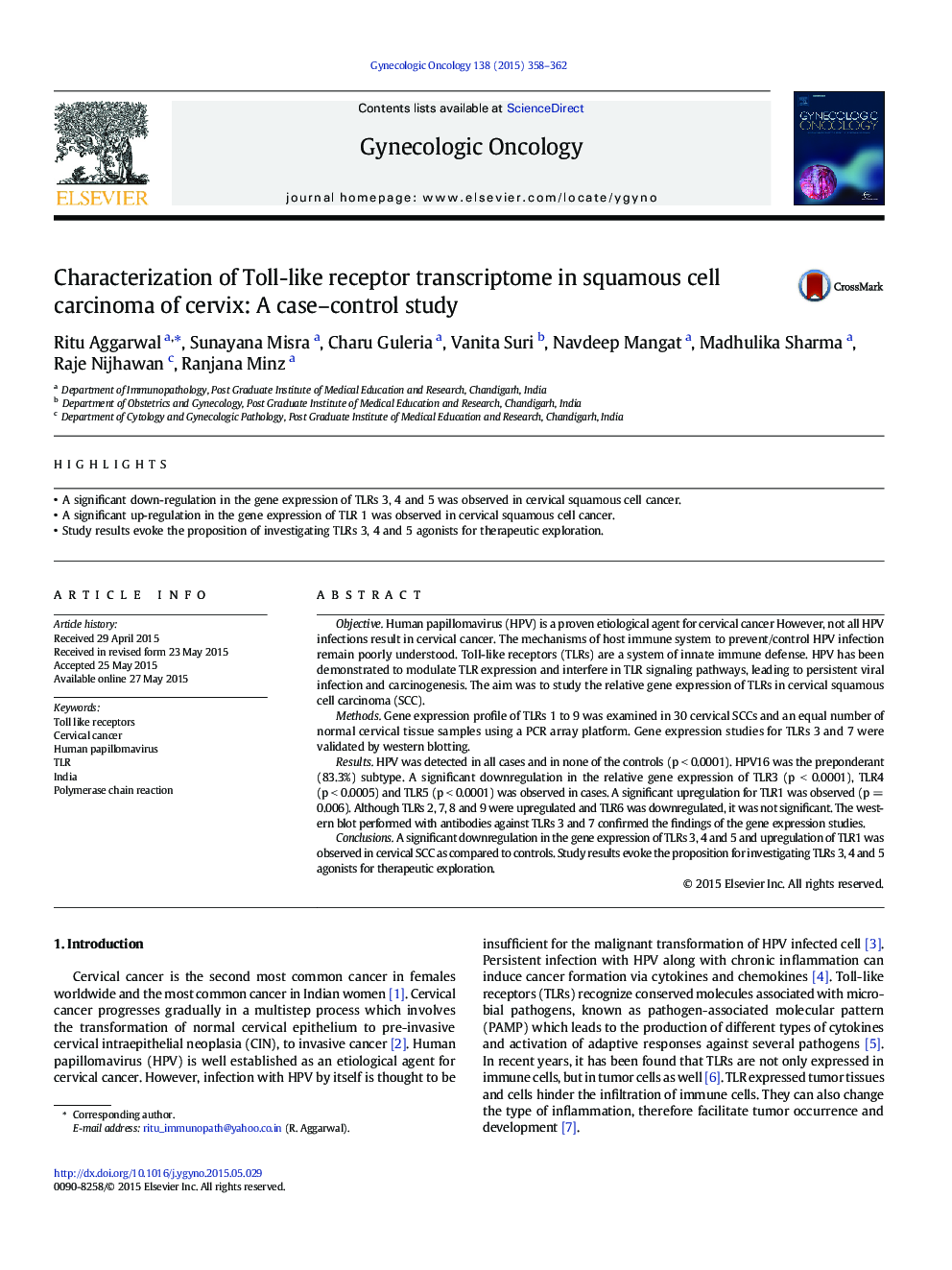 Characterization of Toll-like receptor transcriptome in squamous cell carcinoma of cervix: A case–control study