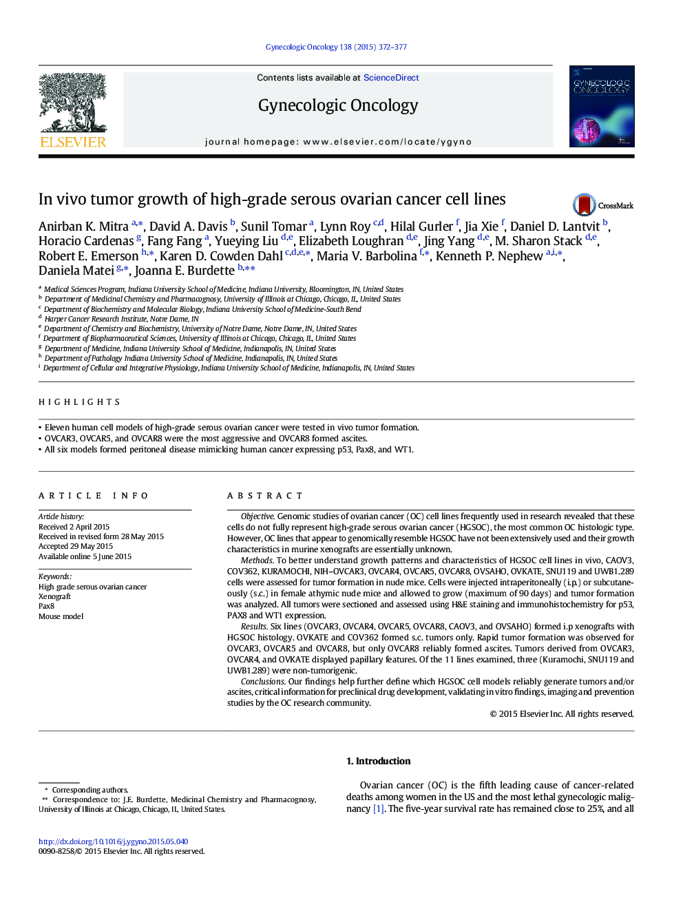 In vivo tumor growth of high-grade serous ovarian cancer cell lines