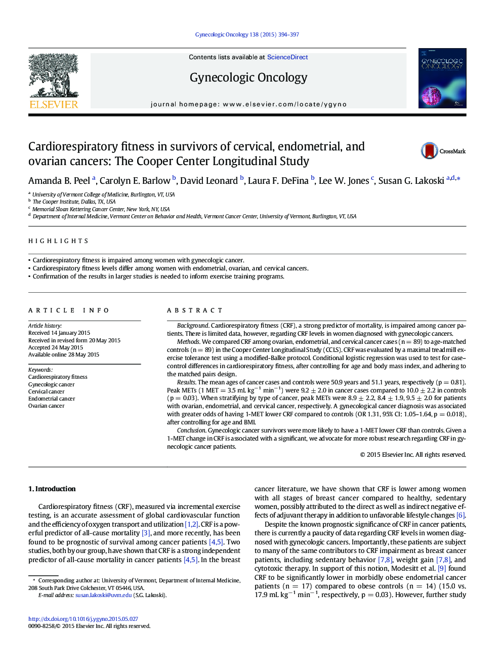 Cardiorespiratory fitness in survivors of cervical, endometrial, and ovarian cancers: The Cooper Center Longitudinal Study