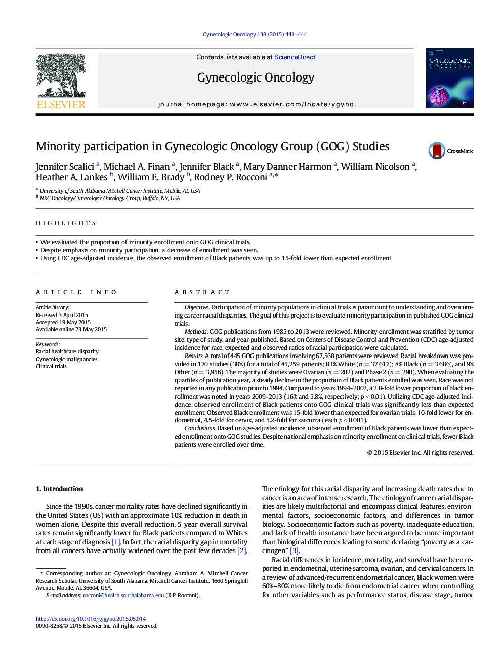 Minority participation in Gynecologic Oncology Group (GOG) Studies