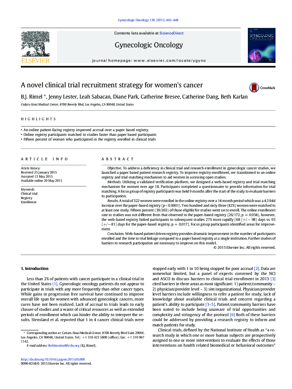 A novel clinical trial recruitment strategy for women's cancer