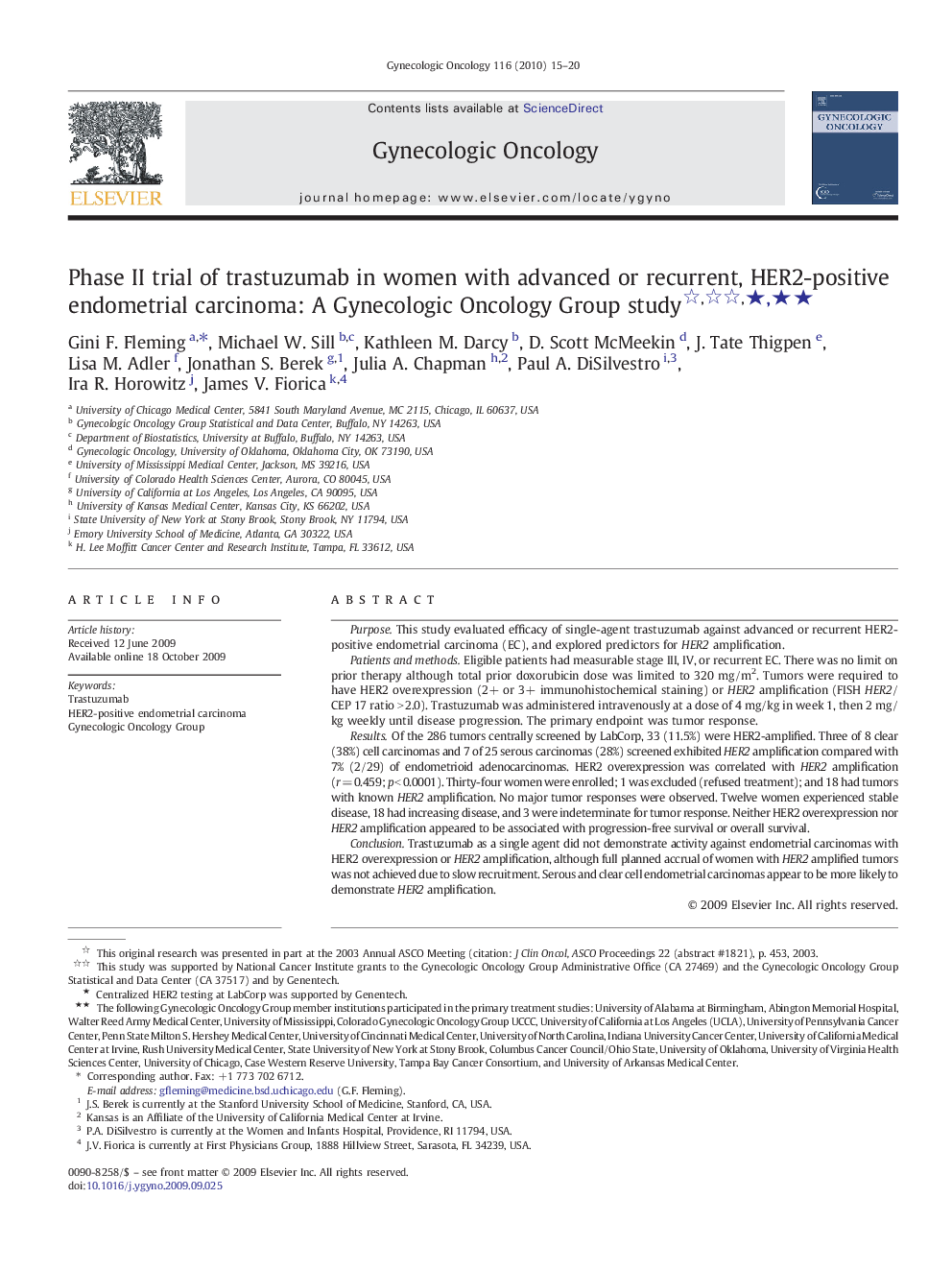 Phase II trial of trastuzumab in women with advanced or recurrent, HER2-positive endometrial carcinoma: A Gynecologic Oncology Group study ★★★