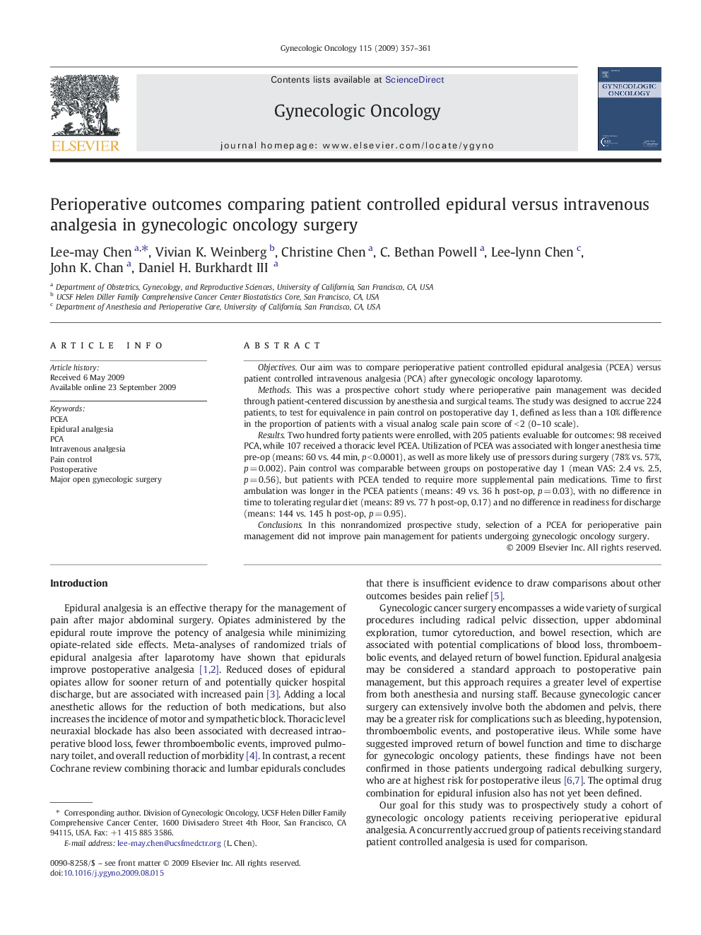 Perioperative outcomes comparing patient controlled epidural versus intravenous analgesia in gynecologic oncology surgery