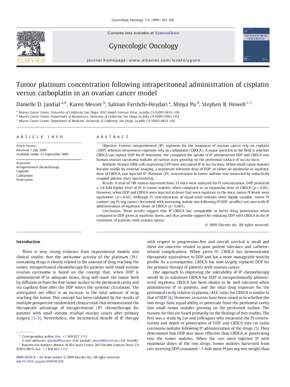 Tumor platinum concentration following intraperitoneal administration of cisplatin versus carboplatin in an ovarian cancer model