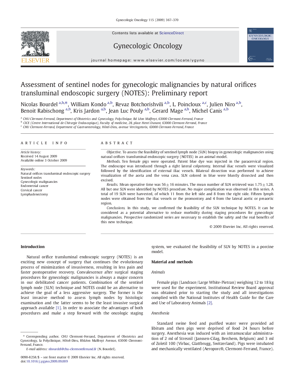 Assessment of sentinel nodes for gynecologic malignancies by natural orifices transluminal endoscopic surgery (NOTES): Preliminary report