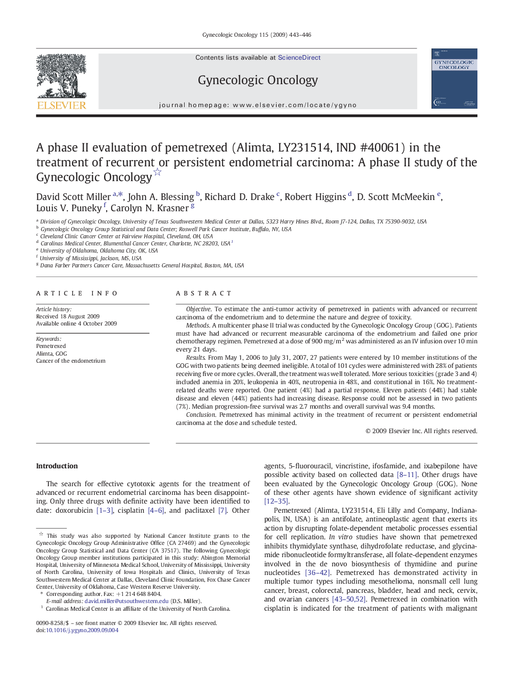 A phase II evaluation of pemetrexed (Alimta, LY231514, IND #40061) in the treatment of recurrent or persistent endometrial carcinoma: A phase II study of the Gynecologic Oncology 