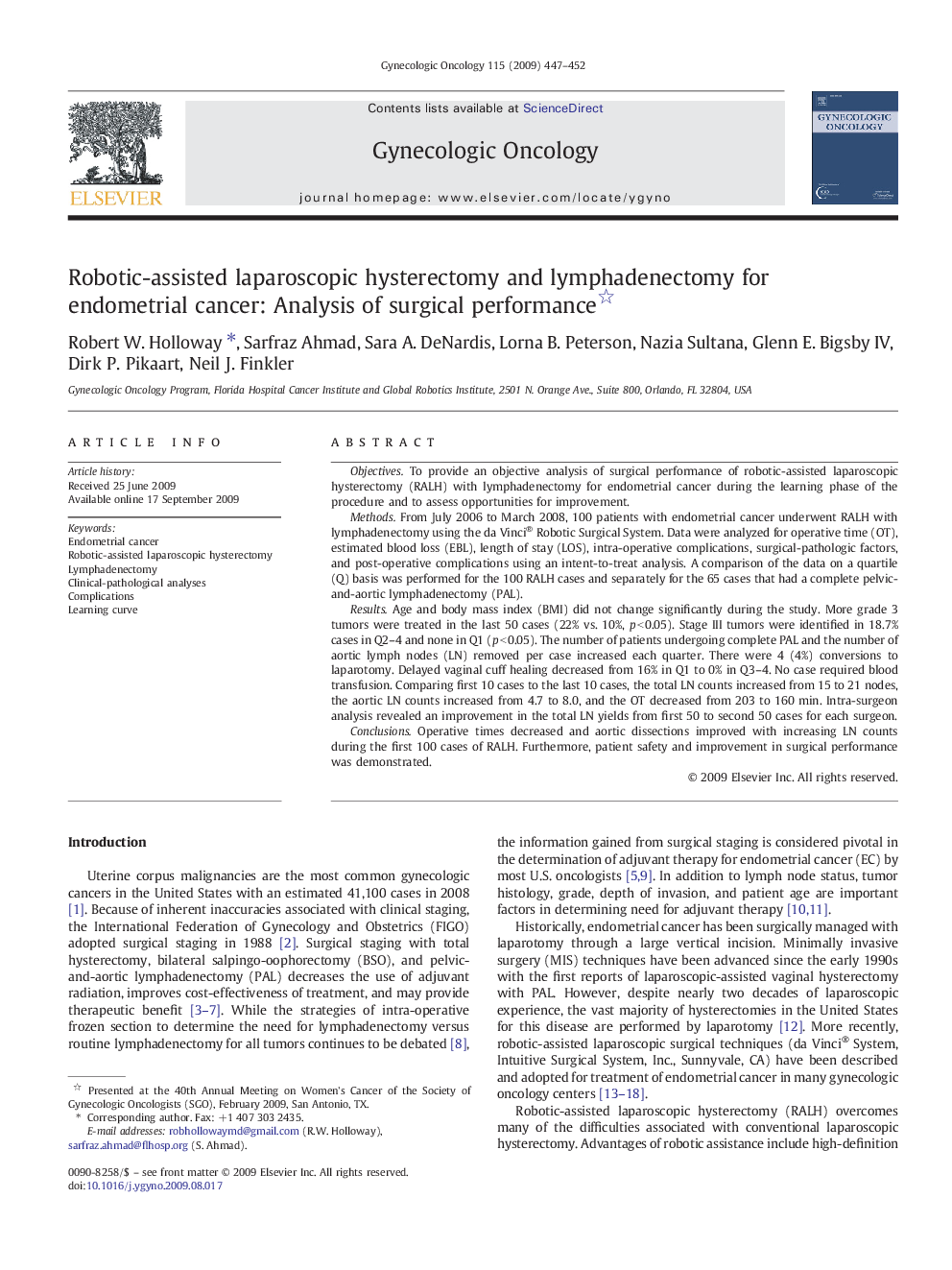 Robotic-assisted laparoscopic hysterectomy and lymphadenectomy for endometrial cancer: Analysis of surgical performance 