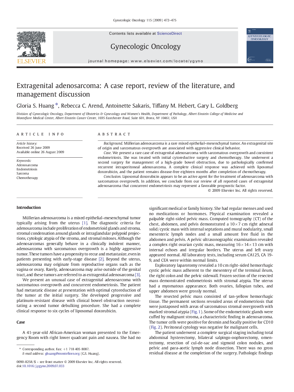 Extragenital adenosarcoma: A case report, review of the literature, and management discussion