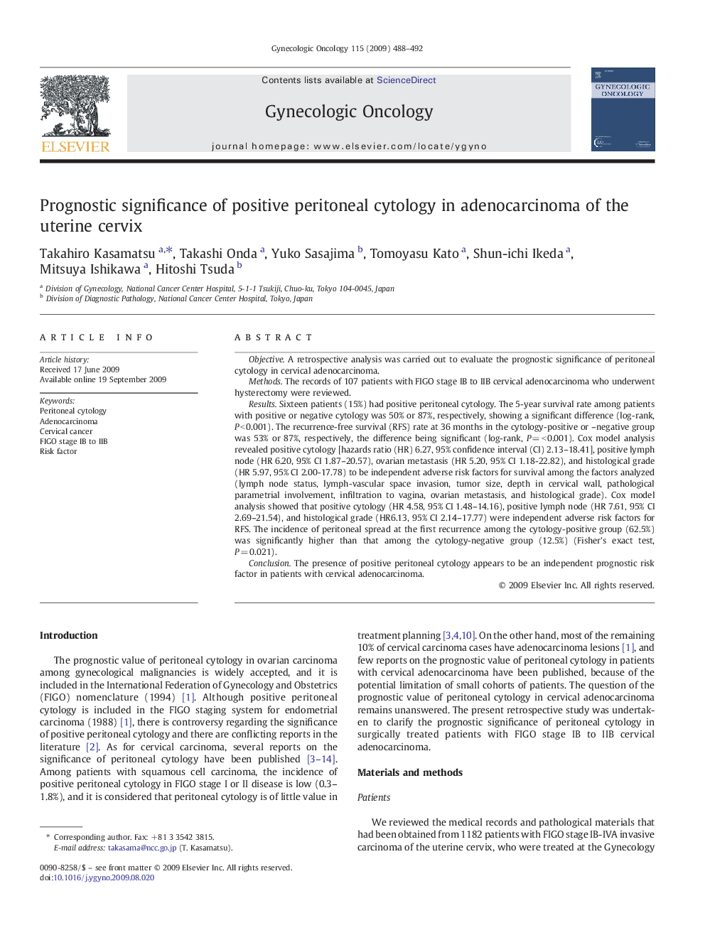 Prognostic significance of positive peritoneal cytology in adenocarcinoma of the uterine cervix