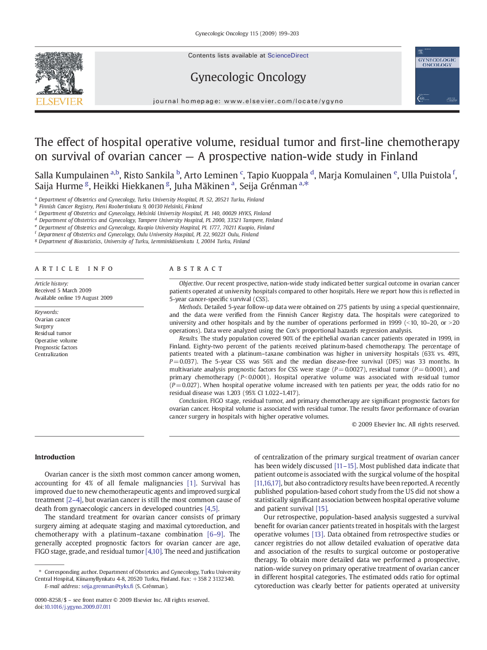 The effect of hospital operative volume, residual tumor and first-line chemotherapy on survival of ovarian cancer - A prospective nation-wide study in Finland