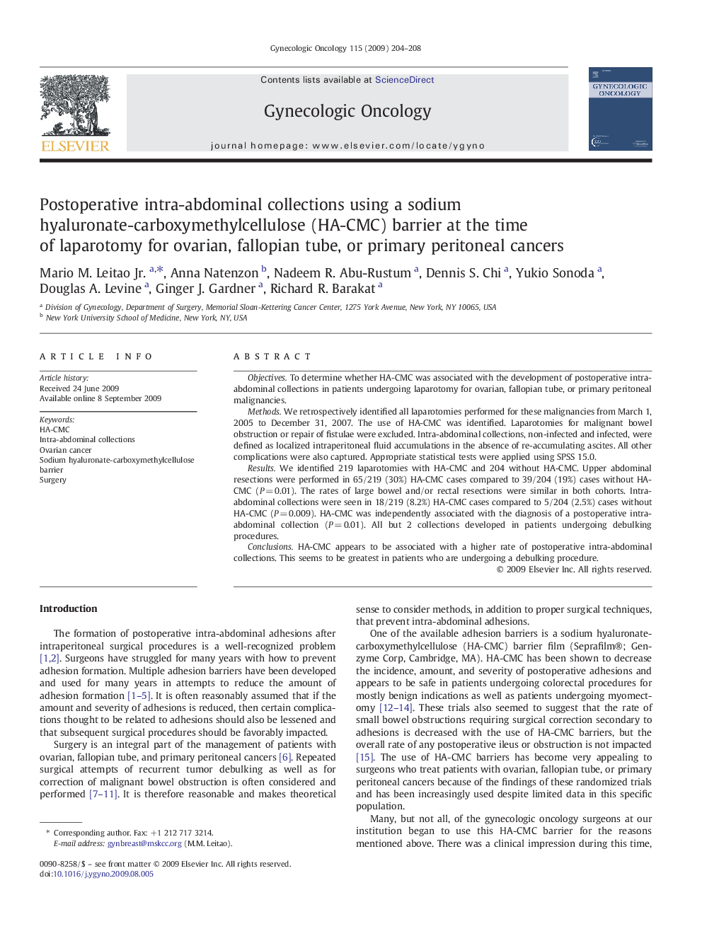 Postoperative intra-abdominal collections using a sodium hyaluronate-carboxymethylcellulose (HA-CMC) barrier at the time of laparotomy for ovarian, fallopian tube, or primary peritoneal cancers