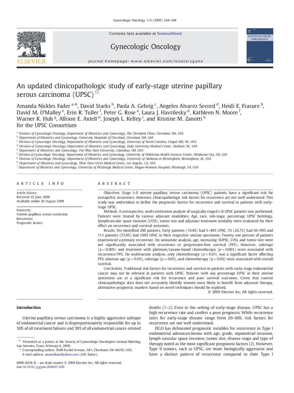 An updated clinicopathologic study of early-stage uterine papillary serous carcinoma (UPSC) 