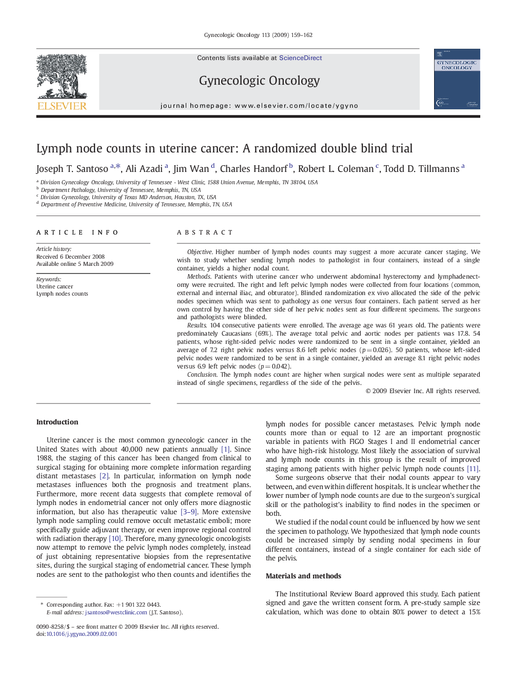 عکس صفحه اول مقاله: Lymph node counts in uterine cancer: A randomized double blind trial Lymph node counts in uterine cancer: A randomized double blind trial