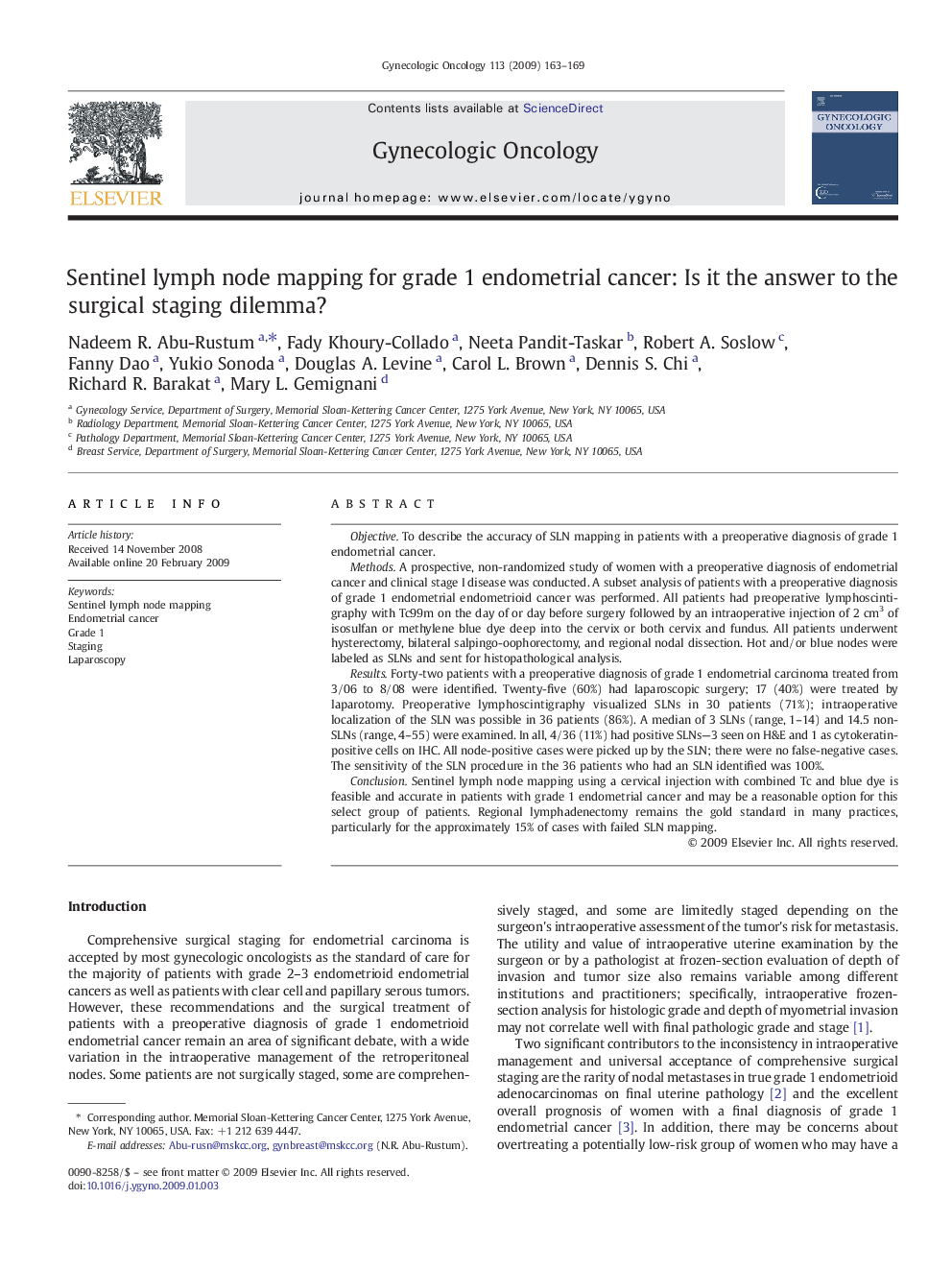 Sentinel lymph node mapping for grade 1 endometrial cancer: Is it the answer to the surgical staging dilemma?