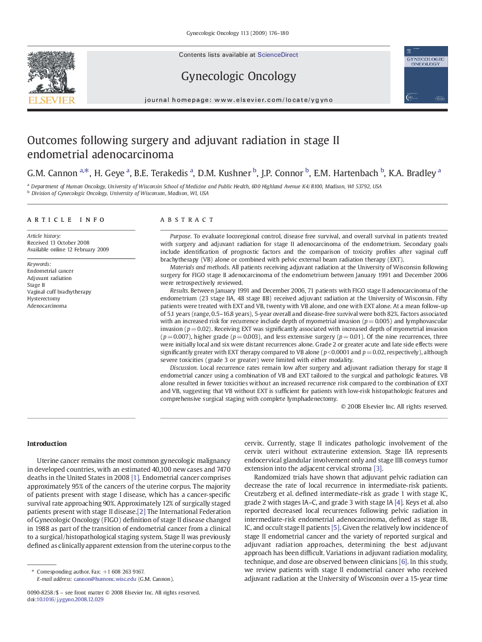 Outcomes following surgery and adjuvant radiation in stage II endometrial adenocarcinoma