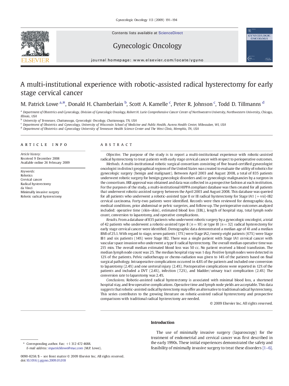 A multi-institutional experience with robotic-assisted radical hysterectomy for early stage cervical cancer