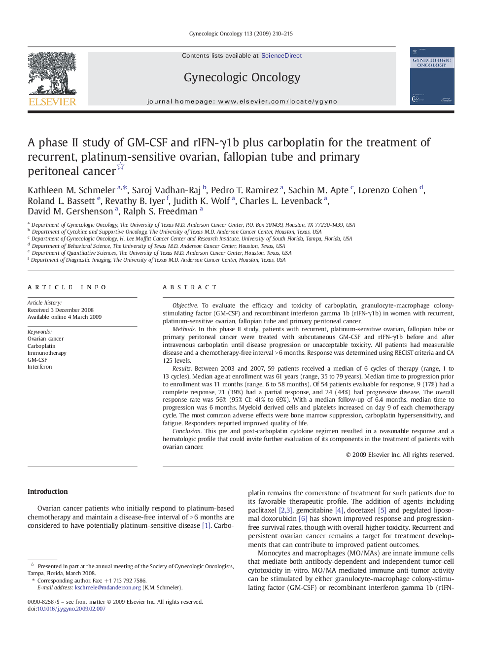 A phase II study of GM-CSF and rIFN-γ1b plus carboplatin for the treatment of recurrent, platinum-sensitive ovarian, fallopian tube and primary peritoneal cancer 