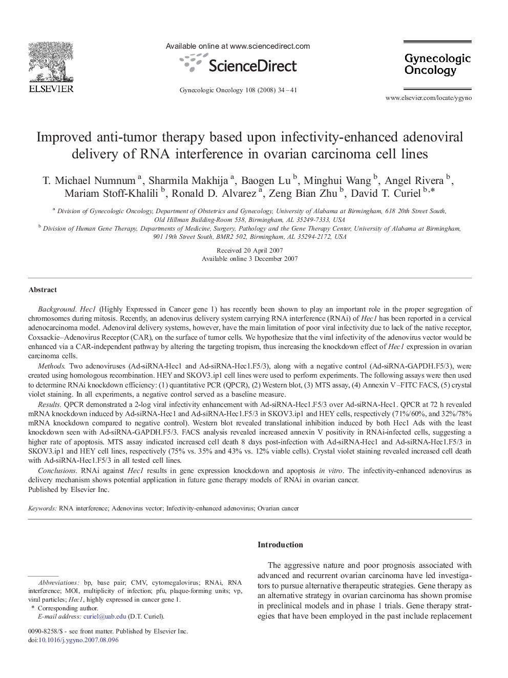 Improved anti-tumor therapy based upon infectivity-enhanced adenoviral delivery of RNA interference in ovarian carcinoma cell lines