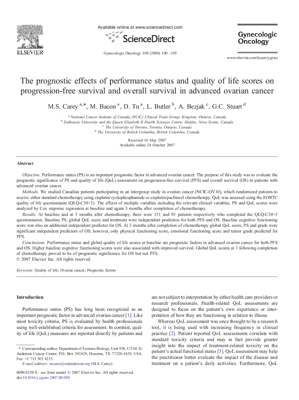 The prognostic effects of performance status and quality of life scores on progression-free survival and overall survival in advanced ovarian cancer