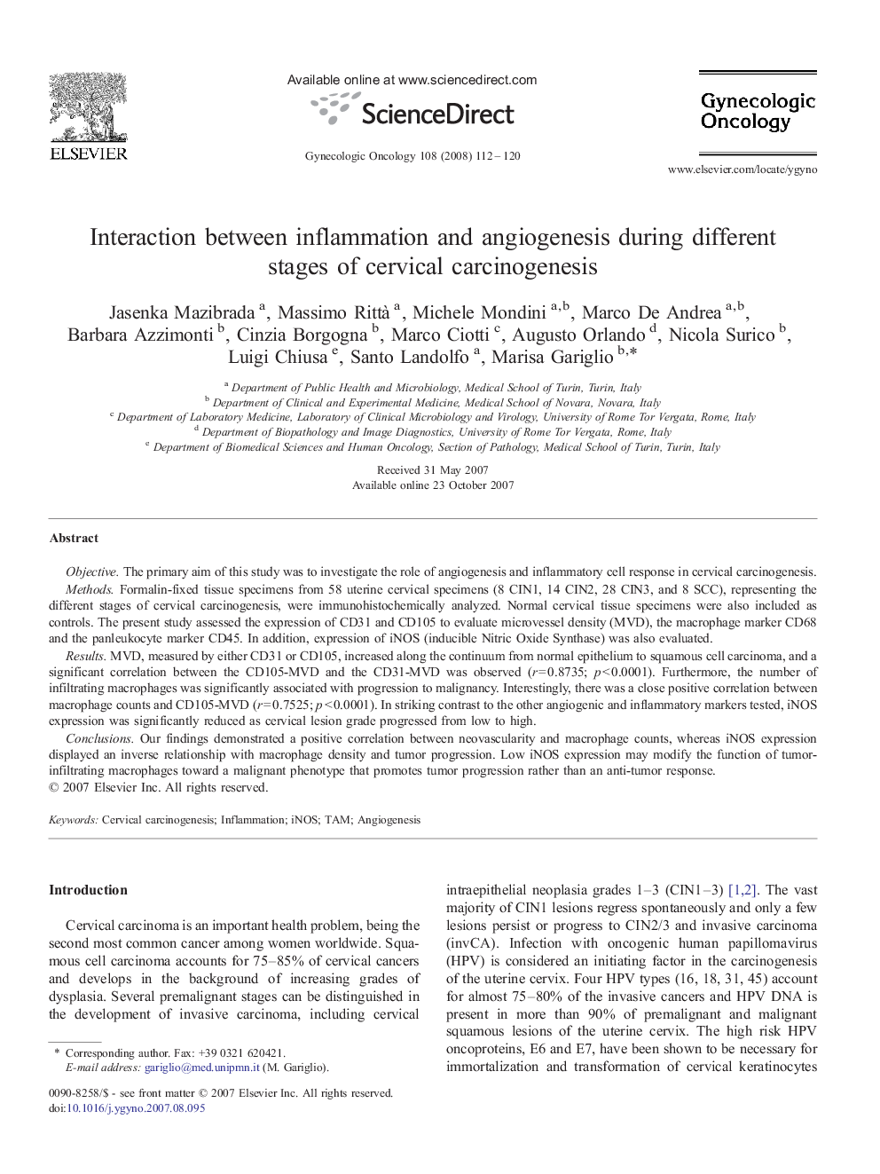 Interaction between inflammation and angiogenesis during different stages of cervical carcinogenesis