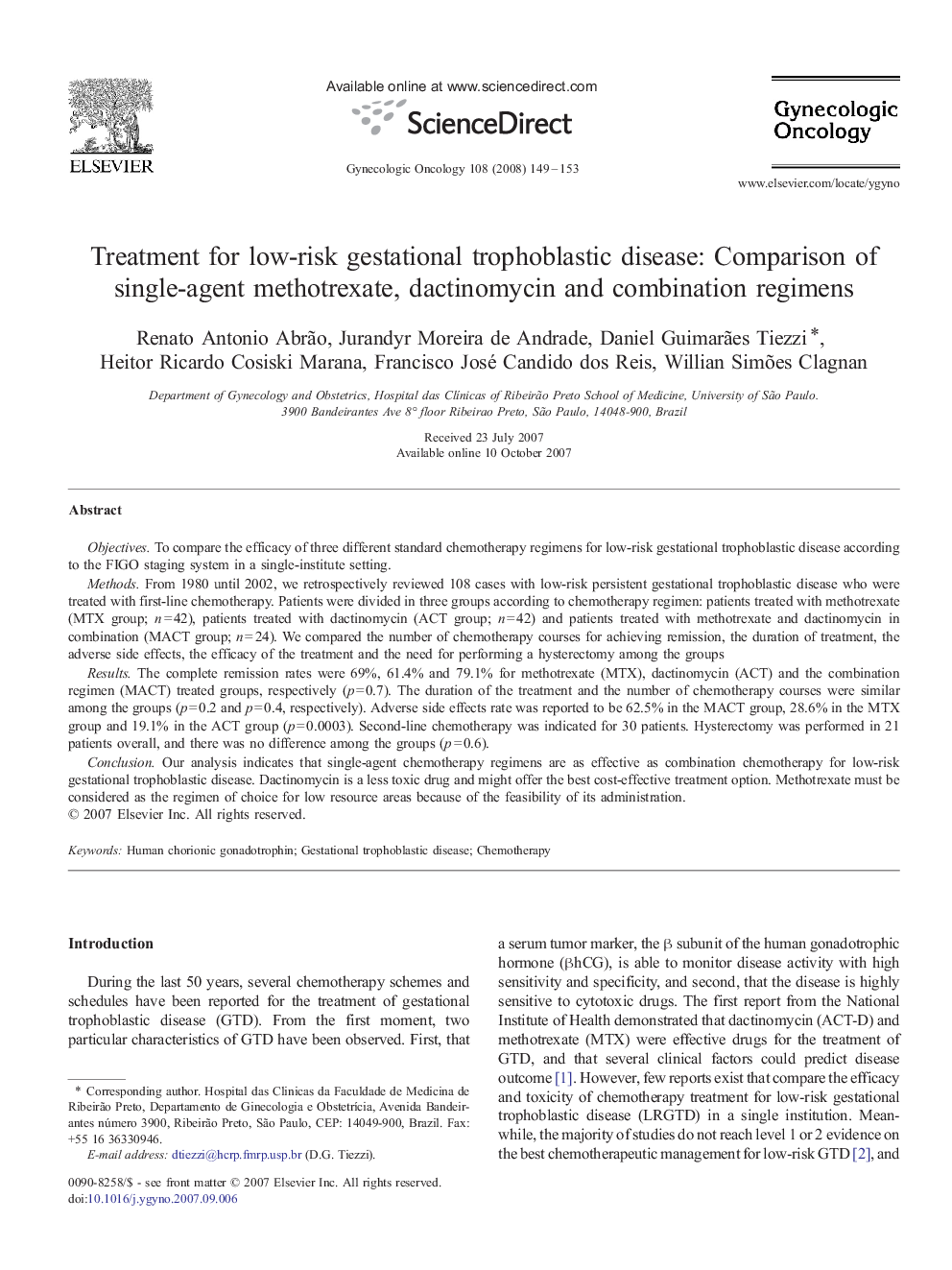 Treatment for low-risk gestational trophoblastic disease: Comparison of single-agent methotrexate, dactinomycin and combination regimens