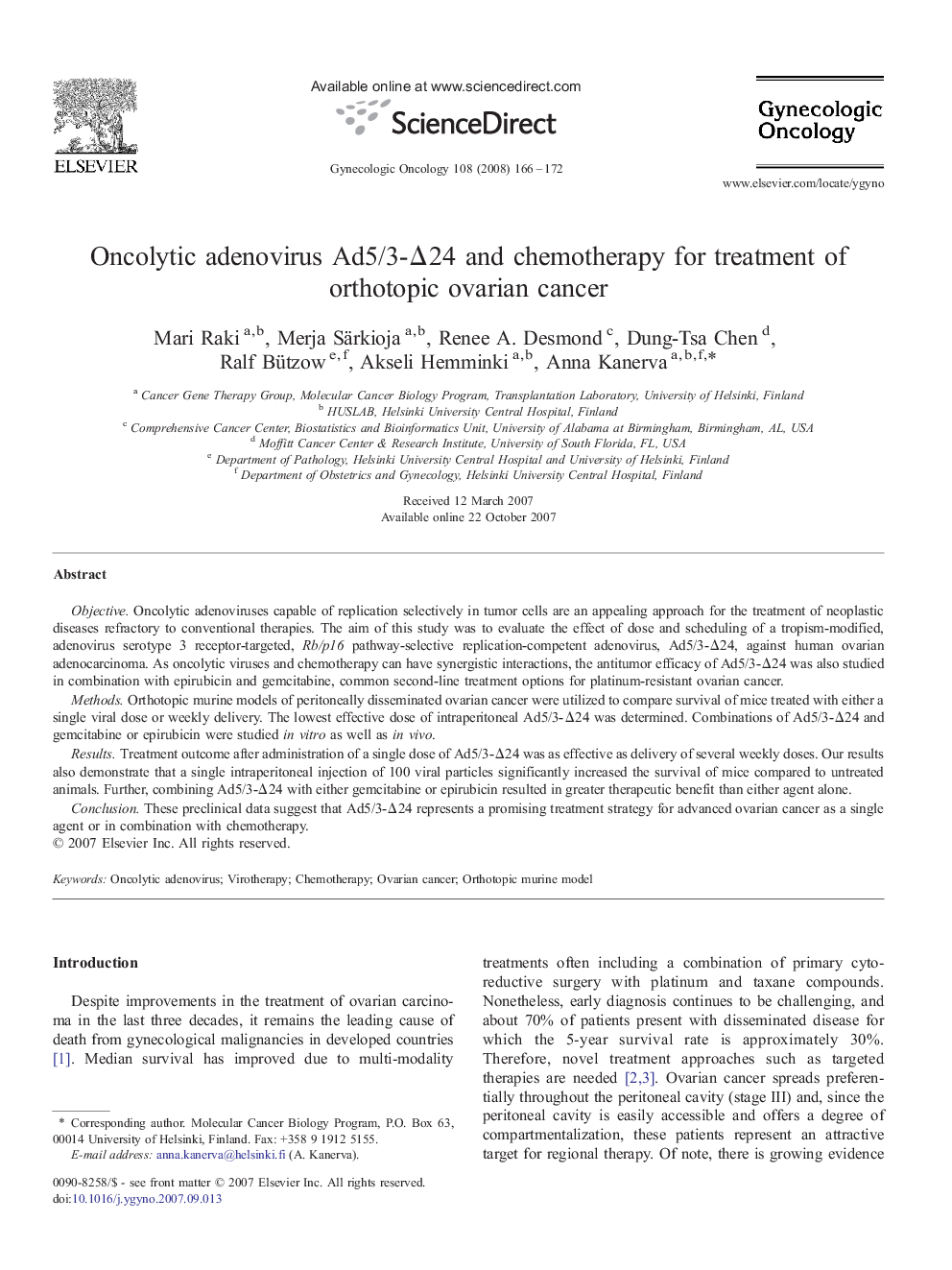 Oncolytic adenovirus Ad5/3-Δ24 and chemotherapy for treatment of orthotopic ovarian cancer