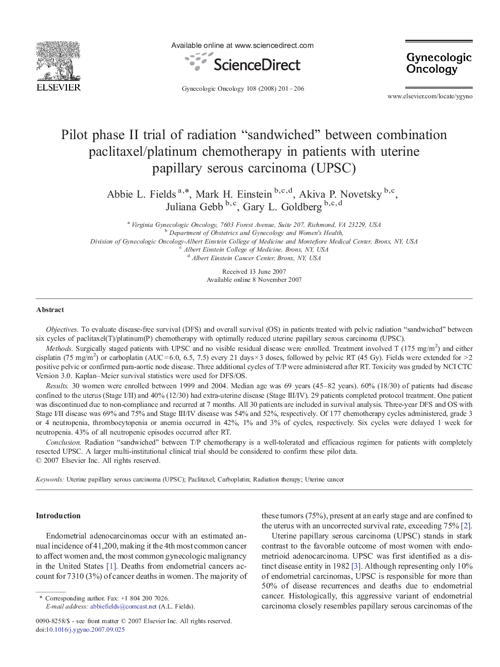 Pilot phase II trial of radiation “sandwiched” between combination paclitaxel/platinum chemotherapy in patients with uterine papillary serous carcinoma (UPSC)