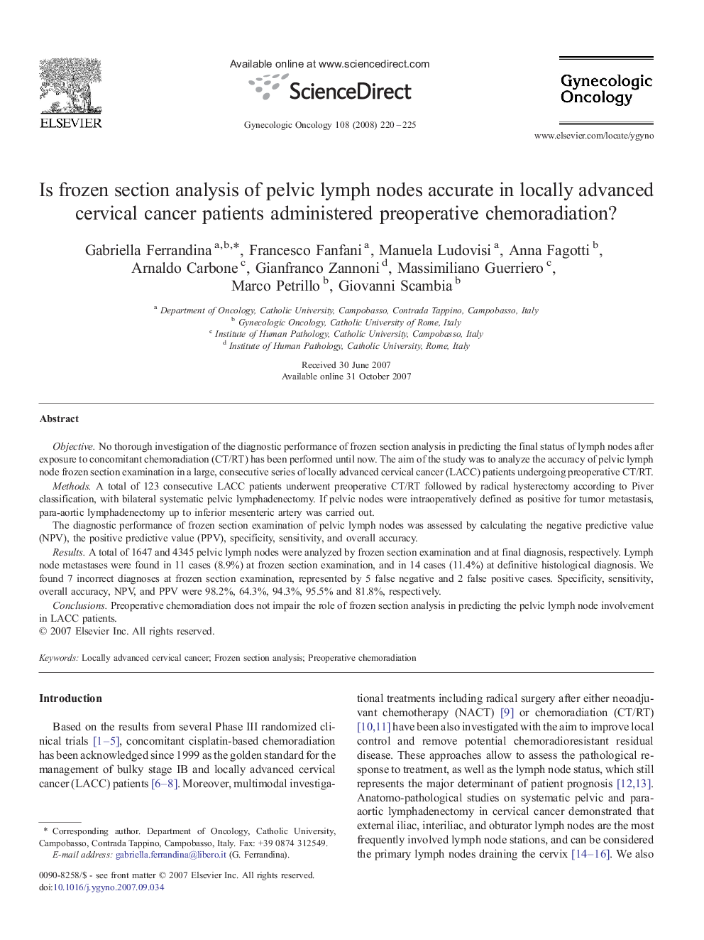 Is frozen section analysis of pelvic lymph nodes accurate in locally advanced cervical cancer patients administered preoperative chemoradiation?