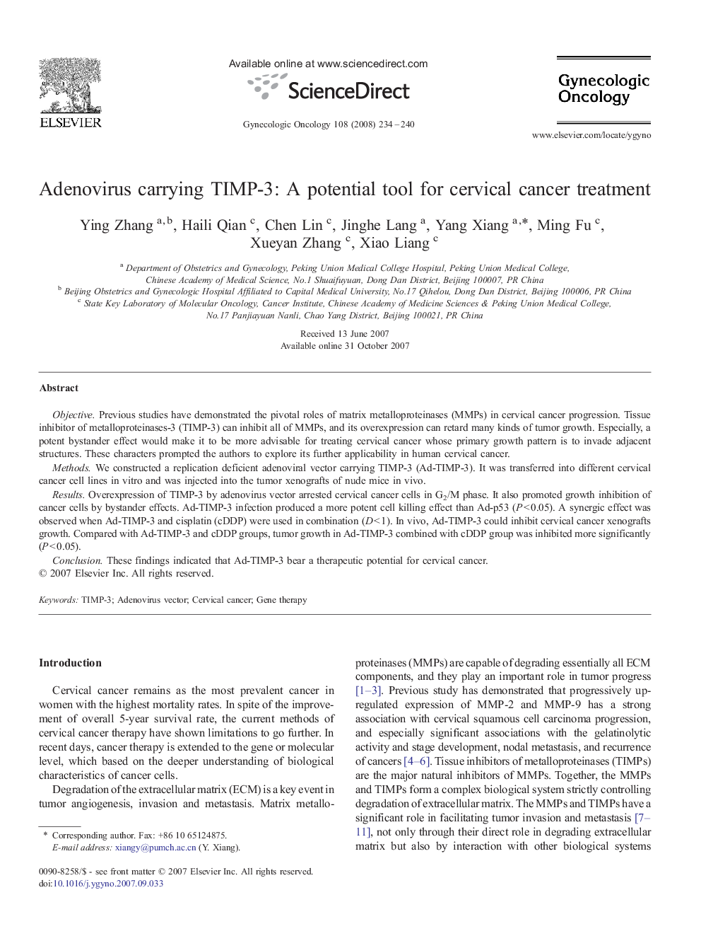 Adenovirus carrying TIMP-3: A potential tool for cervical cancer treatment