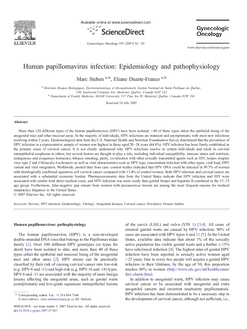 Human papillomavirus infection: Epidemiology and pathophysiology