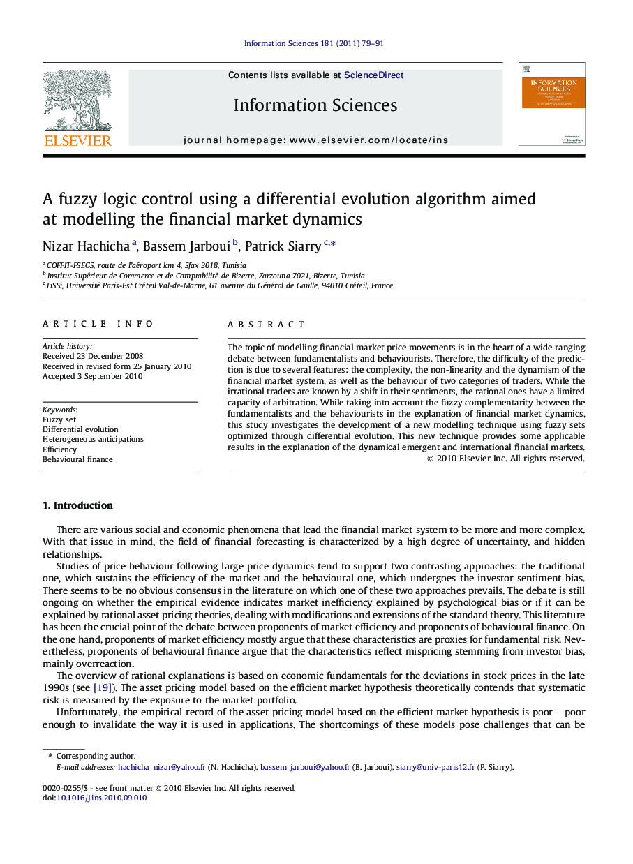 A fuzzy logic control using a differential evolution algorithm aimed at modelling the financial market dynamics