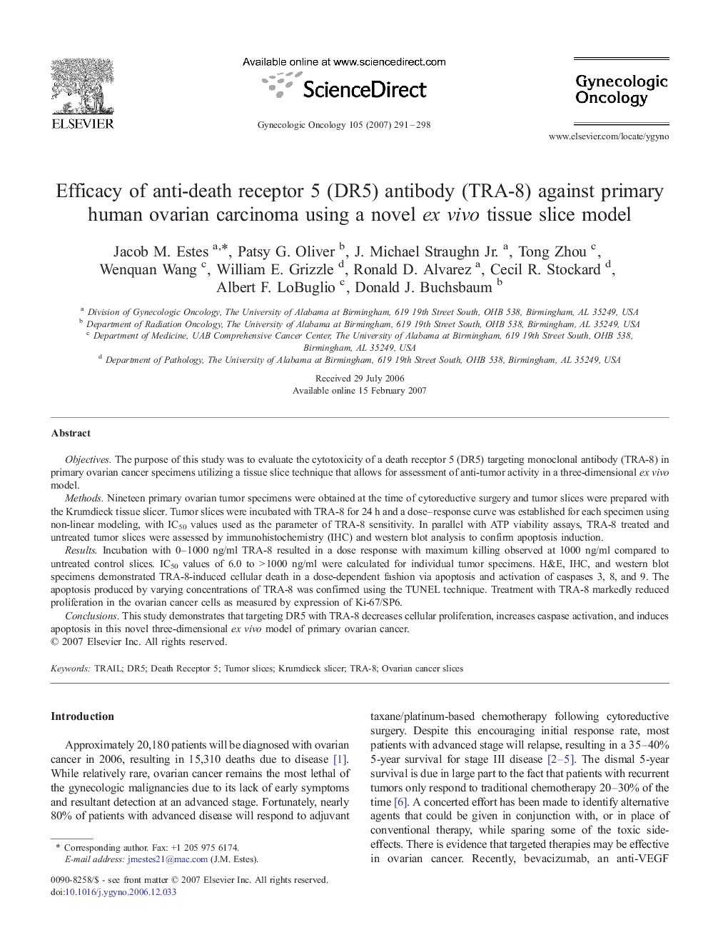 Efficacy of anti-death receptor 5 (DR5) antibody (TRA-8) against primary human ovarian carcinoma using a novel ex vivo tissue slice model