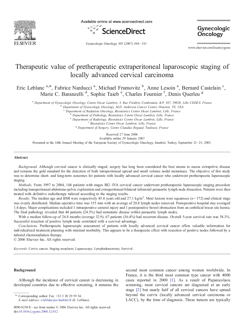 Therapeutic value of pretherapeutic extraperitoneal laparoscopic staging of locally advanced cervical carcinoma