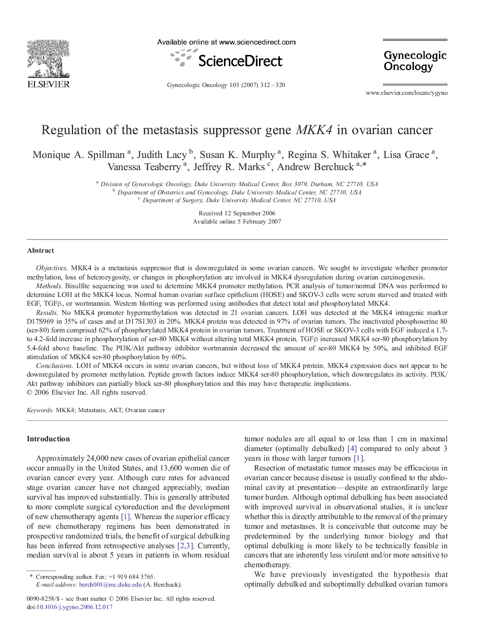 Regulation of the metastasis suppressor gene MKK4 in ovarian cancer