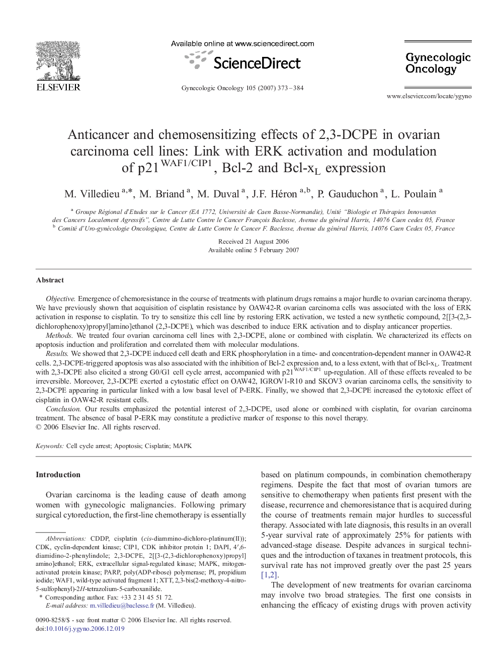 Anticancer and chemosensitizing effects of 2,3-DCPE in ovarian carcinoma cell lines: Link with ERK activation and modulation of p21WAF1/CIP1, Bcl-2 and Bcl-xL expression