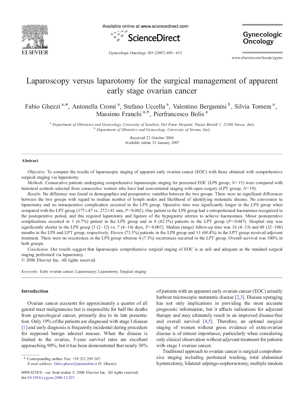 Laparoscopy versus laparotomy for the surgical management of apparent early stage ovarian cancer