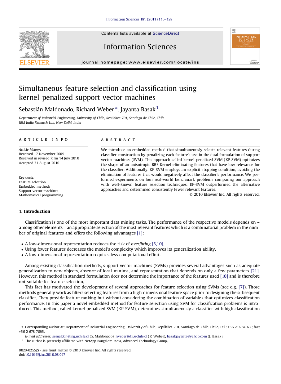 Simultaneous feature selection and classification using kernel-penalized support vector machines