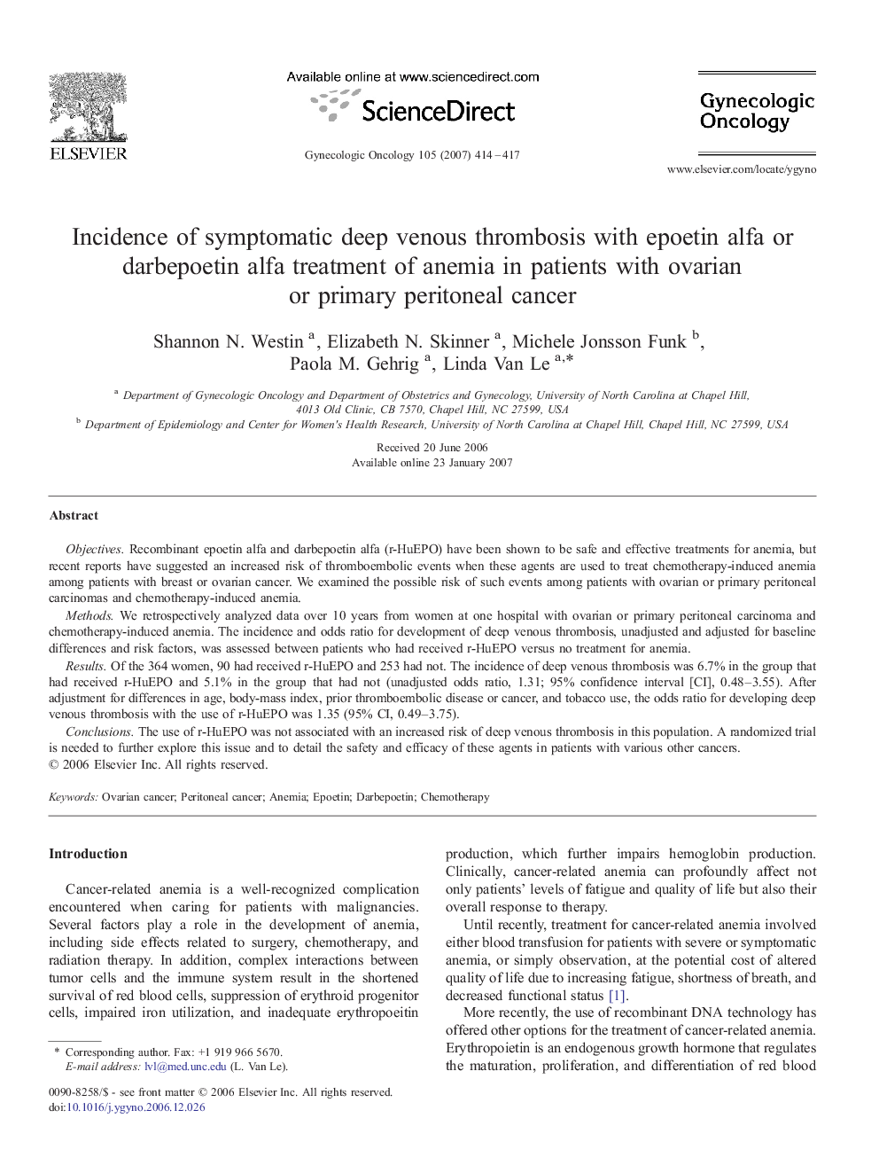 Incidence of symptomatic deep venous thrombosis with epoetin alfa or darbepoetin alfa treatment of anemia in patients with ovarian or primary peritoneal cancer