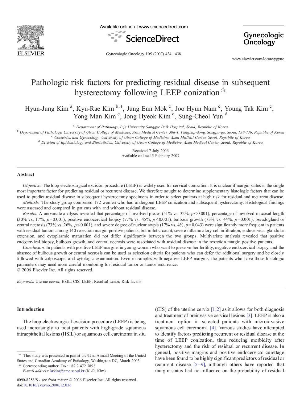 Pathologic risk factors for predicting residual disease in subsequent hysterectomy following LEEP conization 