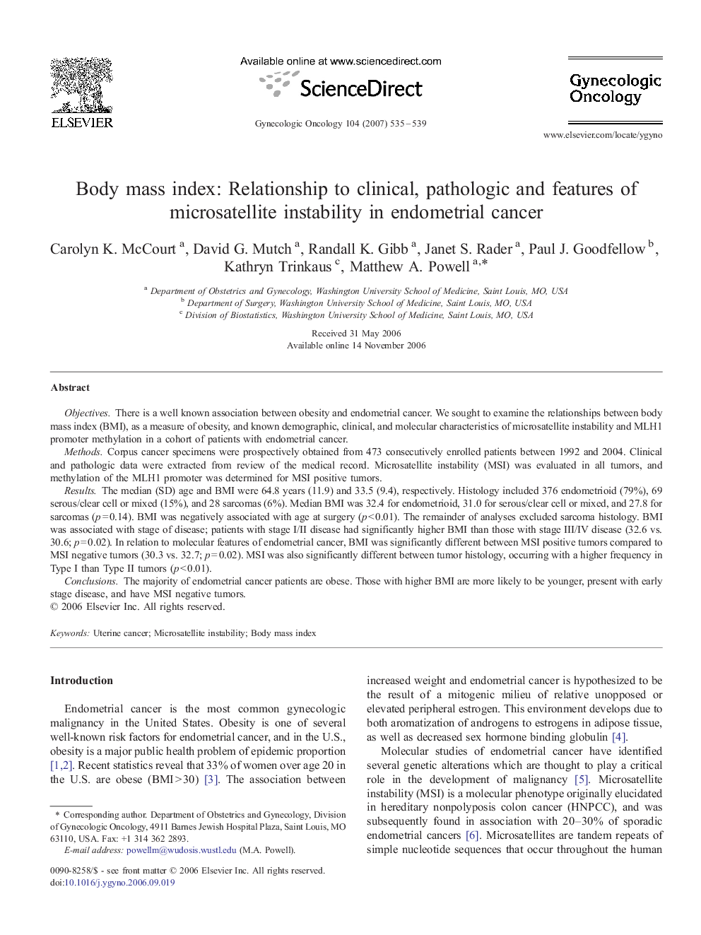 Body mass index: Relationship to clinical, pathologic and features of microsatellite instability in endometrial cancer