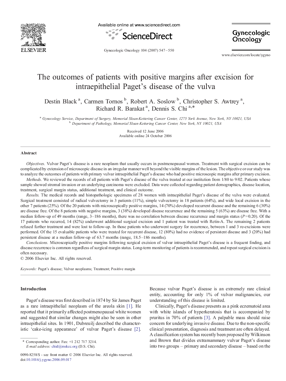 The outcomes of patients with positive margins after excision for intraepithelial Paget's disease of the vulva