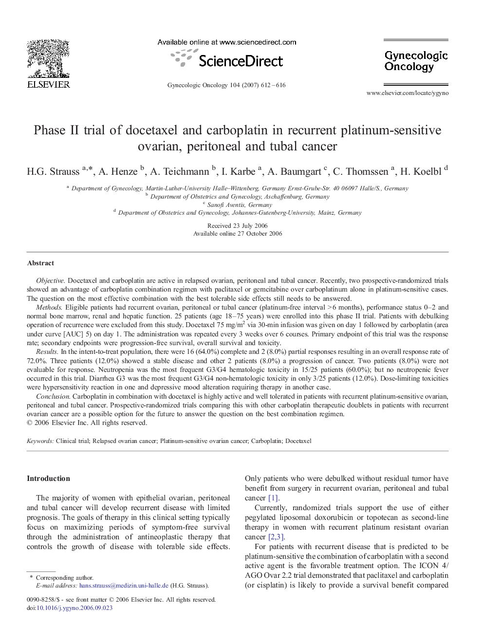 Phase II trial of docetaxel and carboplatin in recurrent platinum-sensitive ovarian, peritoneal and tubal cancer