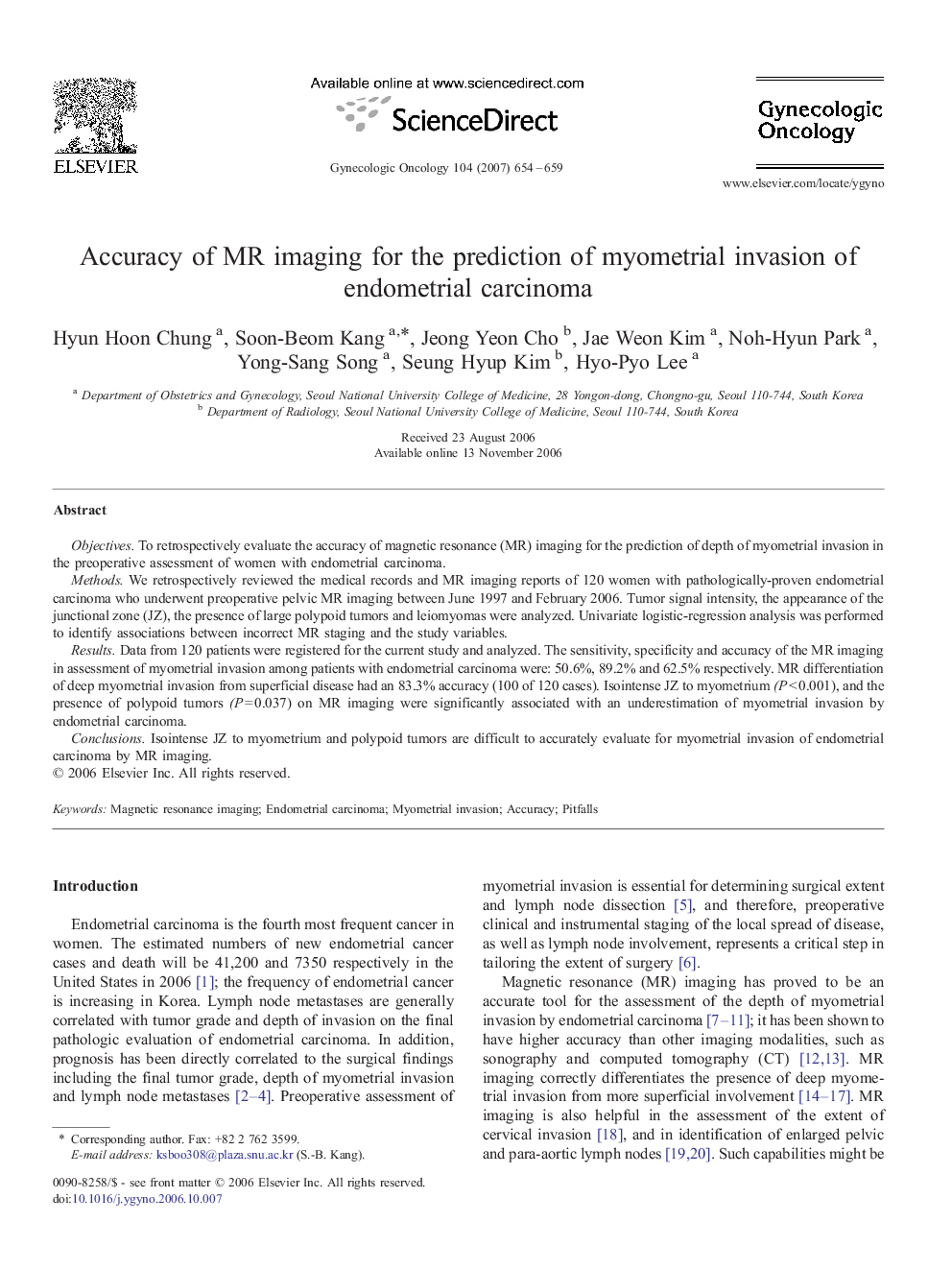 Accuracy of MR imaging for the prediction of myometrial invasion of endometrial carcinoma