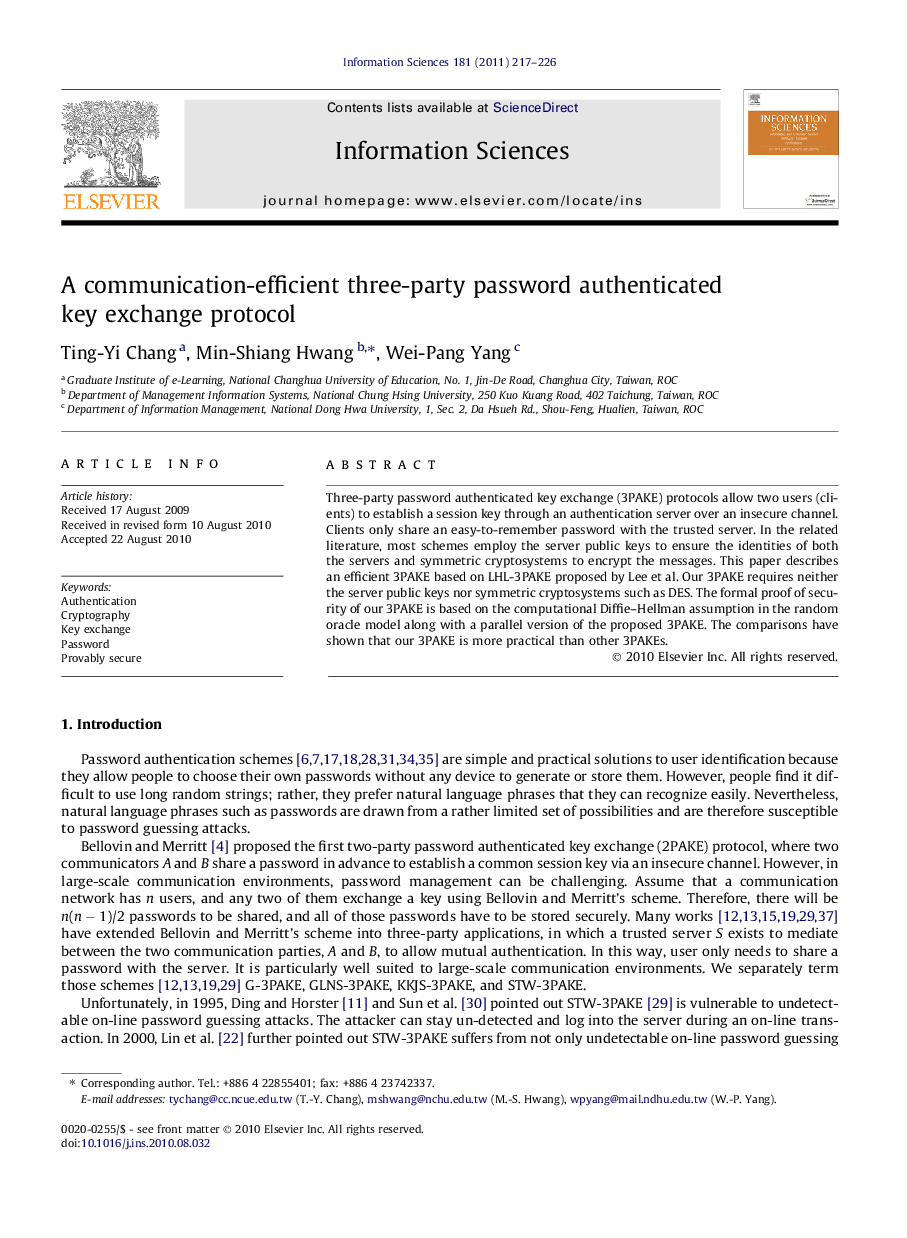 A communication-efficient three-party password authenticated key exchange protocol