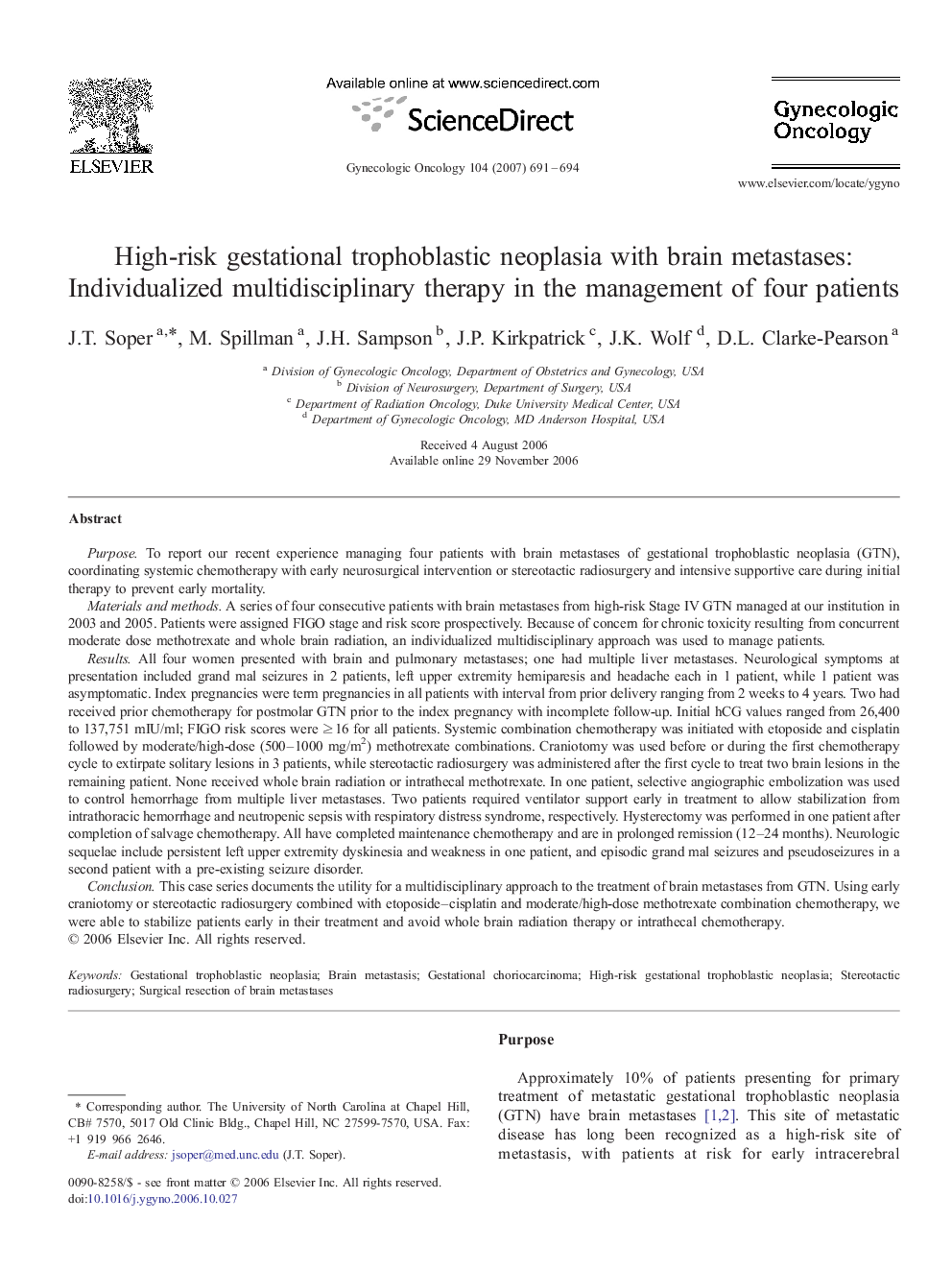 High-risk gestational trophoblastic neoplasia with brain metastases: Individualized multidisciplinary therapy in the management of four patients