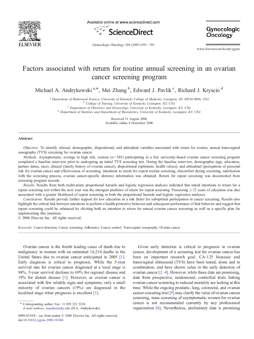 Factors associated with return for routine annual screening in an ovarian cancer screening program