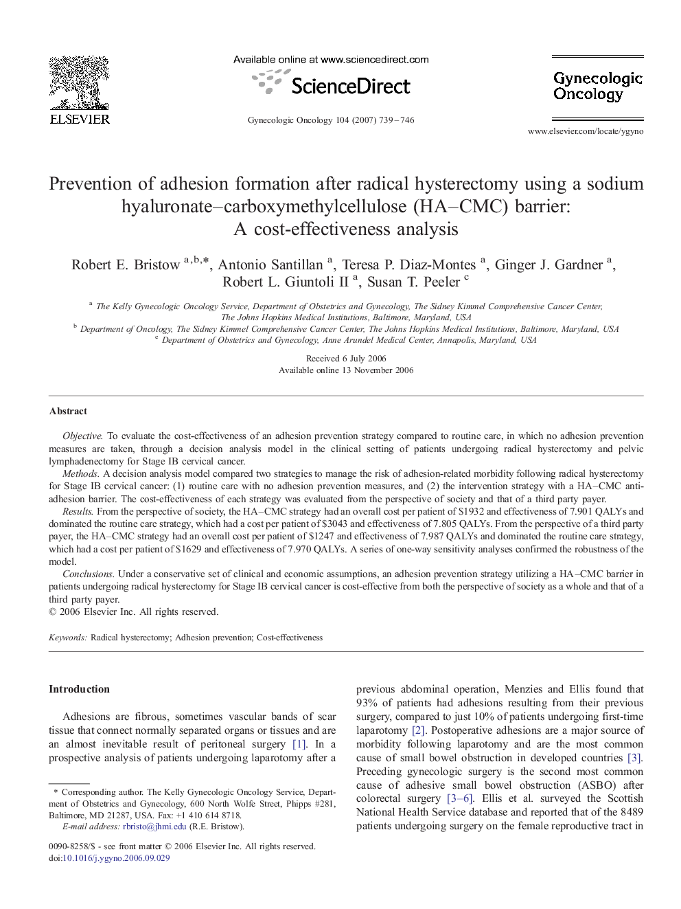 Prevention of adhesion formation after radical hysterectomy using a sodium hyaluronate–carboxymethylcellulose (HA–CMC) barrier: A cost-effectiveness analysis