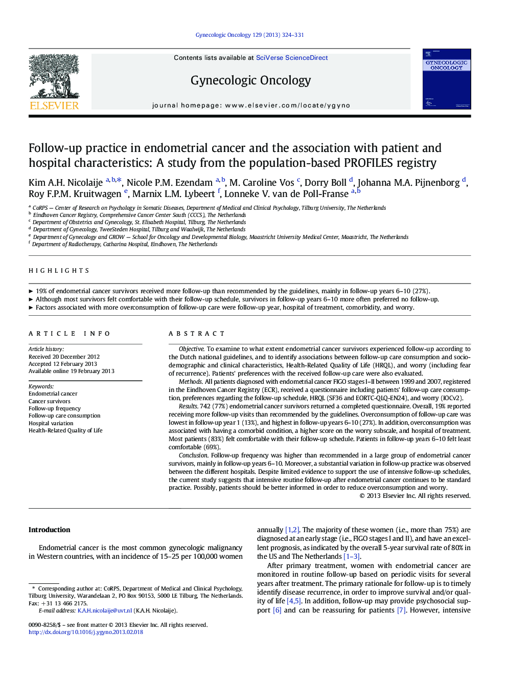 Follow-up practice in endometrial cancer and the association with patient and hospital characteristics: A study from the population-based PROFILES registry