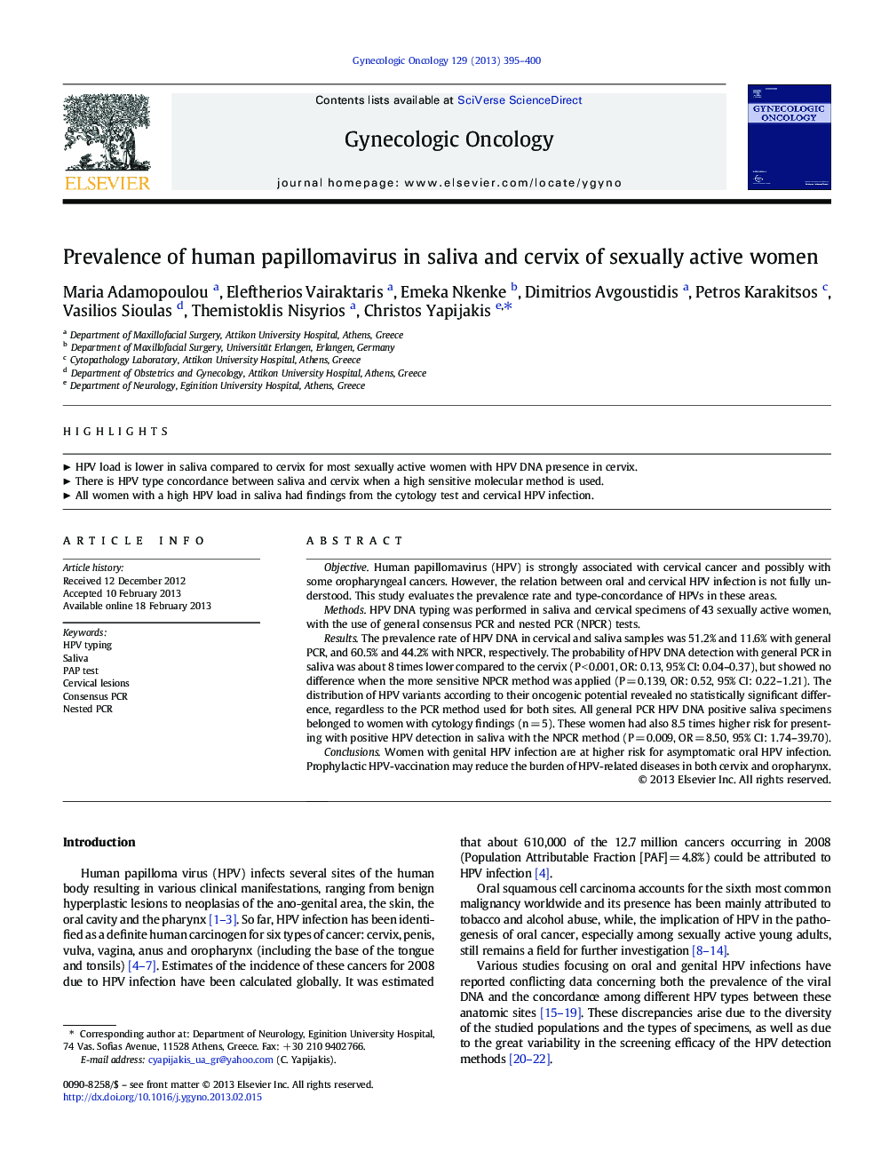 Prevalence of human papillomavirus in saliva and cervix of sexually active women